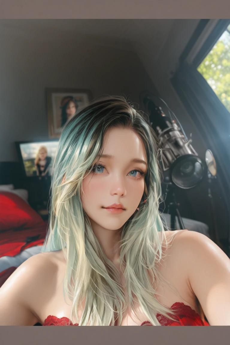 RAW,, Nikon Z 85mm, award-winning glamor photography, ((best quality)), ((masterpiece)), ((realistic)), beautiful russian woman, white lace dress, white skin, 18 years old, ((long green hair:1.3)),hazel eyes, perky huge breasts, sitting in the bed, eiffel tower in the background, ((huge breasts)), innocent, intricate details, highly detailed, sharp focus, professional, 4k, divine rays, hand model, stunning blue eyes, small, delicate, innocent, high resolution, detailed facial features, high detail, sharp focus, soft , aesthetic, extremely detailed, photo_\(ultra\), photorealistic, realistic, post-processing, maximum detail, roughness, real life, ultra-realistic, photorealism, photography, 8k uhd, photography, SEMHOUETTE light, russian face