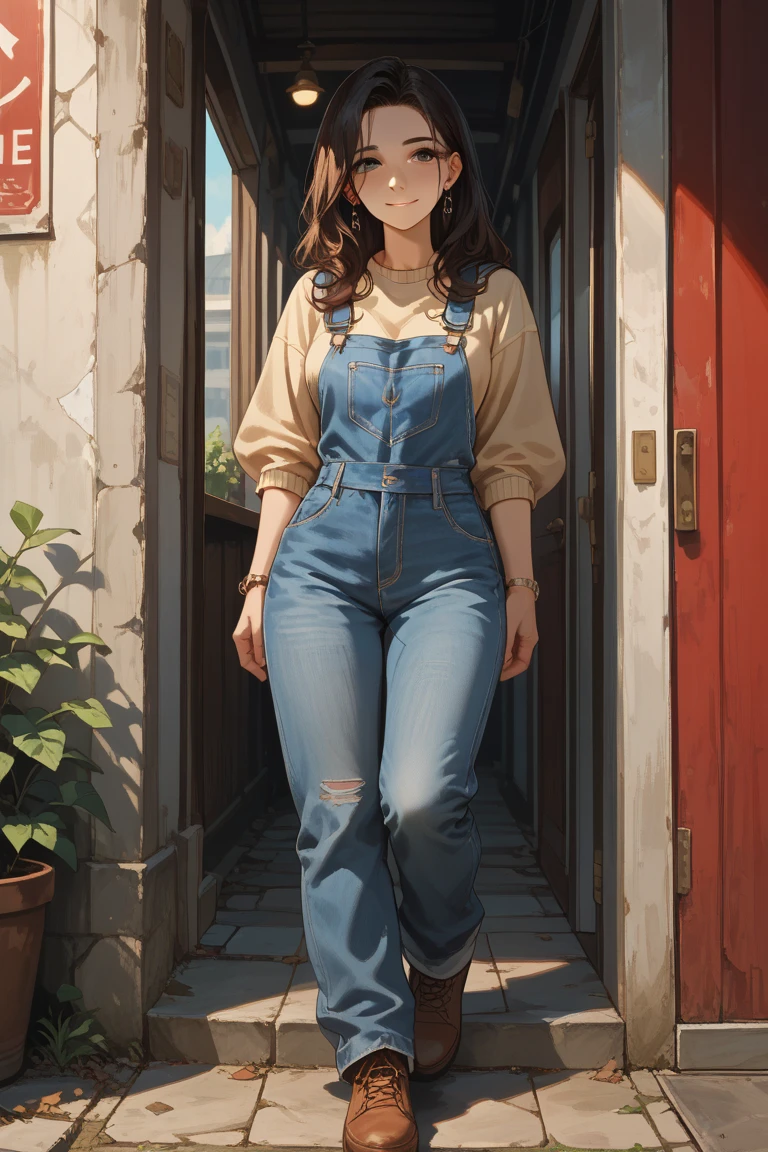 woman, pink hair, blue denim pinafore skirt, ((peeing stain)), worried, standing