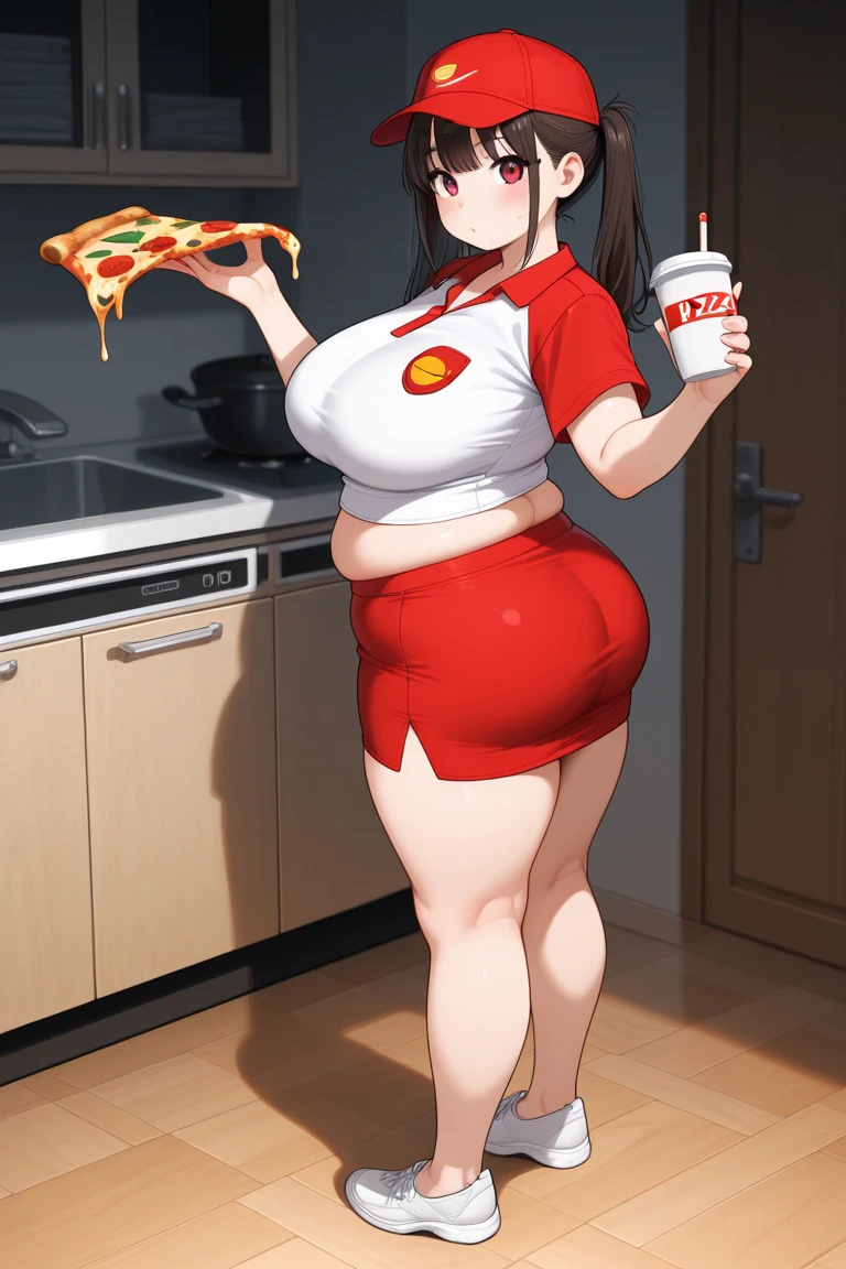 fat, large belly, big belly, very fat, large stomach, chubby (best quality, masterpiece), fat belly, at, large belly, standing, grabbing belly, very fat, Amber genshin Impact, Amber, red bow on top of hair, brown hair, sitting, table full of food, fat belly, wearing a sweater, pregnant, third trimester, fat belly