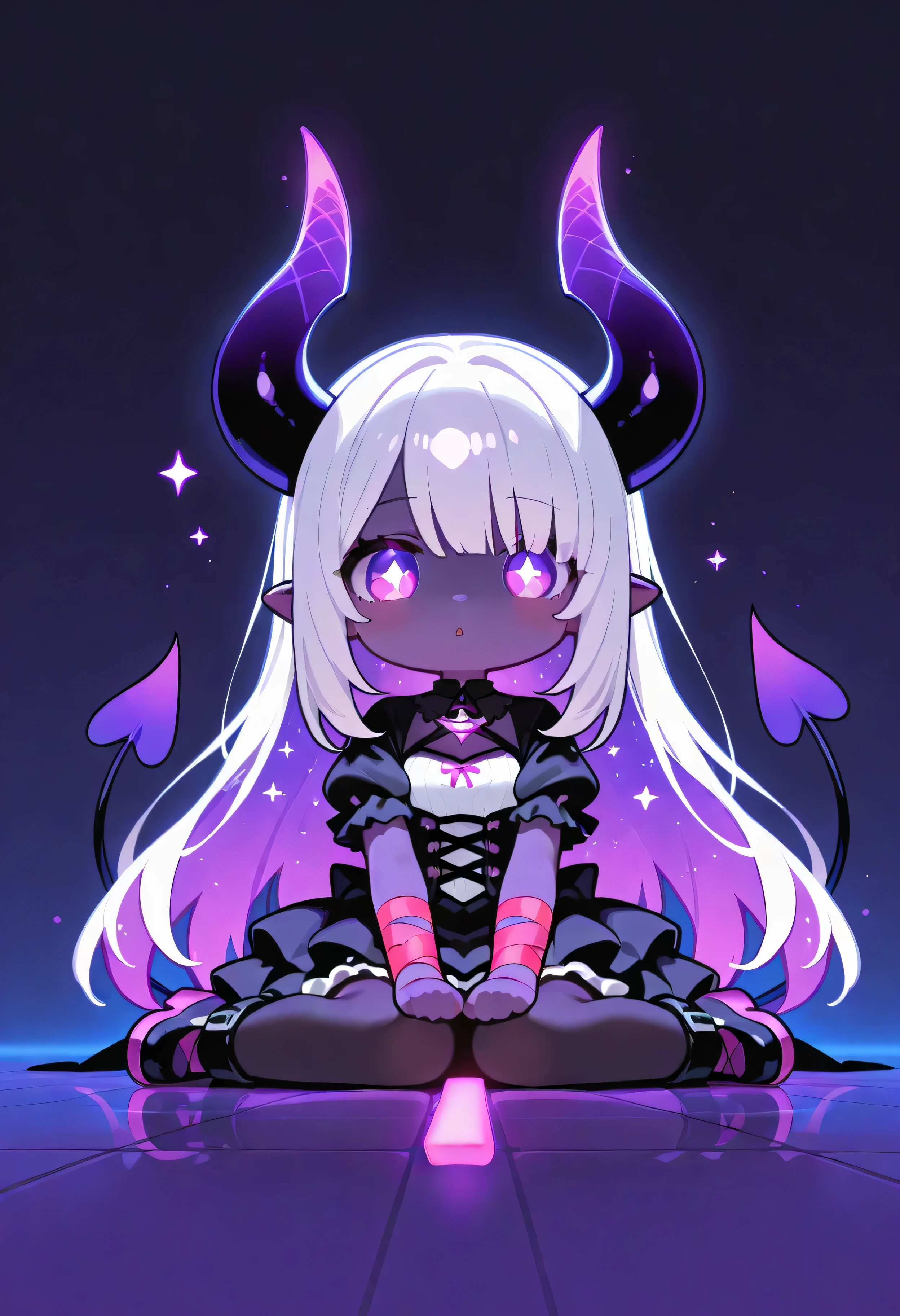 "A chibi-style dark fantasy demon girl with long white hair and large, expressive purple eyes, sitting in a dark void. She has cute but menacing black demon horns, bat-like ears, and glowing purple clawed tails wrapping around her. She's wearing a dark, gothic outfit with star and bat motifs, and appears to be powering up with a glowing purple energy bar above her head. The atmosphere is eerie and magical, with soft glowing lights and shadows emphasizing her mysterious aura."