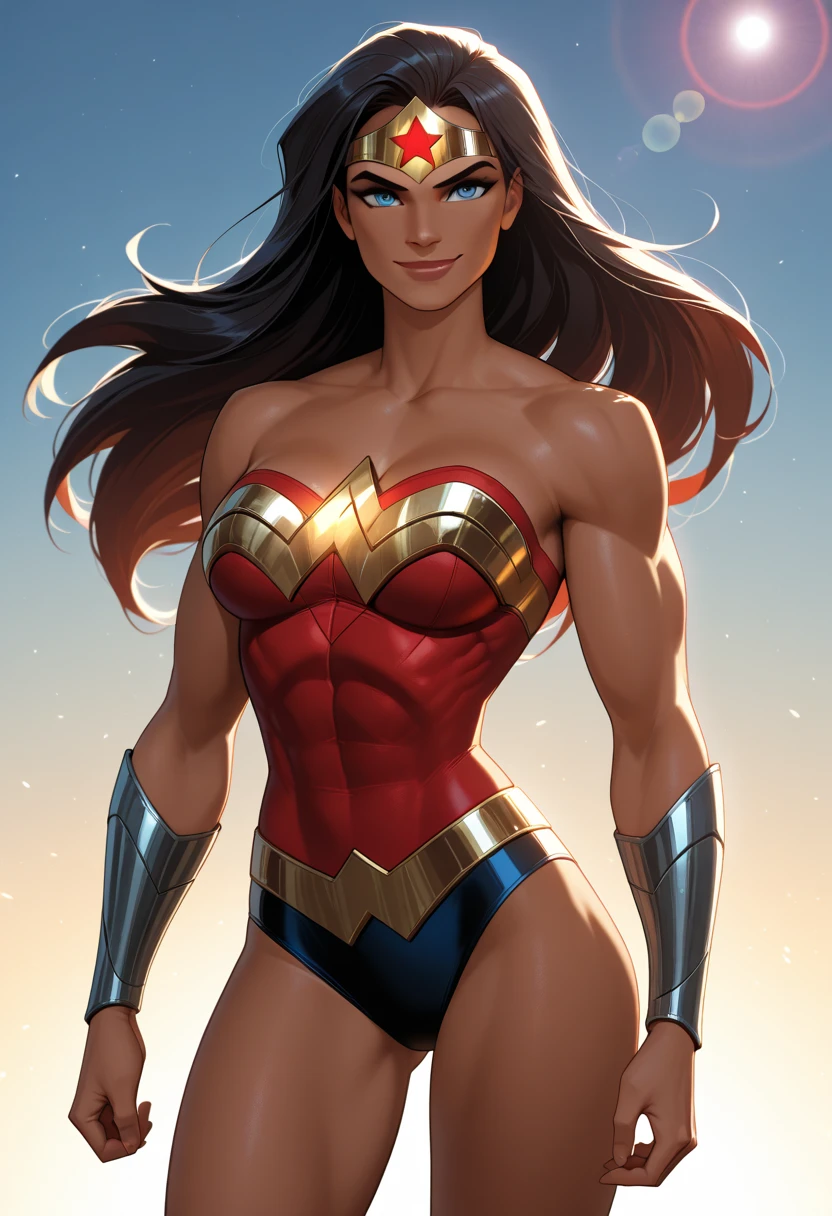 Natural Beauty,(Masterpiece),(Gina Carano),(Accurate Face Proportion),(Wonder Woman Tiara),(Low-cut Top Revealing Cleavage)(Classic Wonder Outfit(red, blue, golden and silver)), Vibrant colour tone,(Full Body View Visible),(Athletic Physique),(Wide Hips),(Toned Arms and Legs), Contemplative Stance with Emphasis on Buttocks: In a relaxed yet thoughtful pose, Wonder Woman’s tight suit outlines the natural curves of her body, focusing on the shape of her buttocks. Her hand on her chin and the other arm crossed over her chest further accentuate the snug fit, highlighting her athletic build.