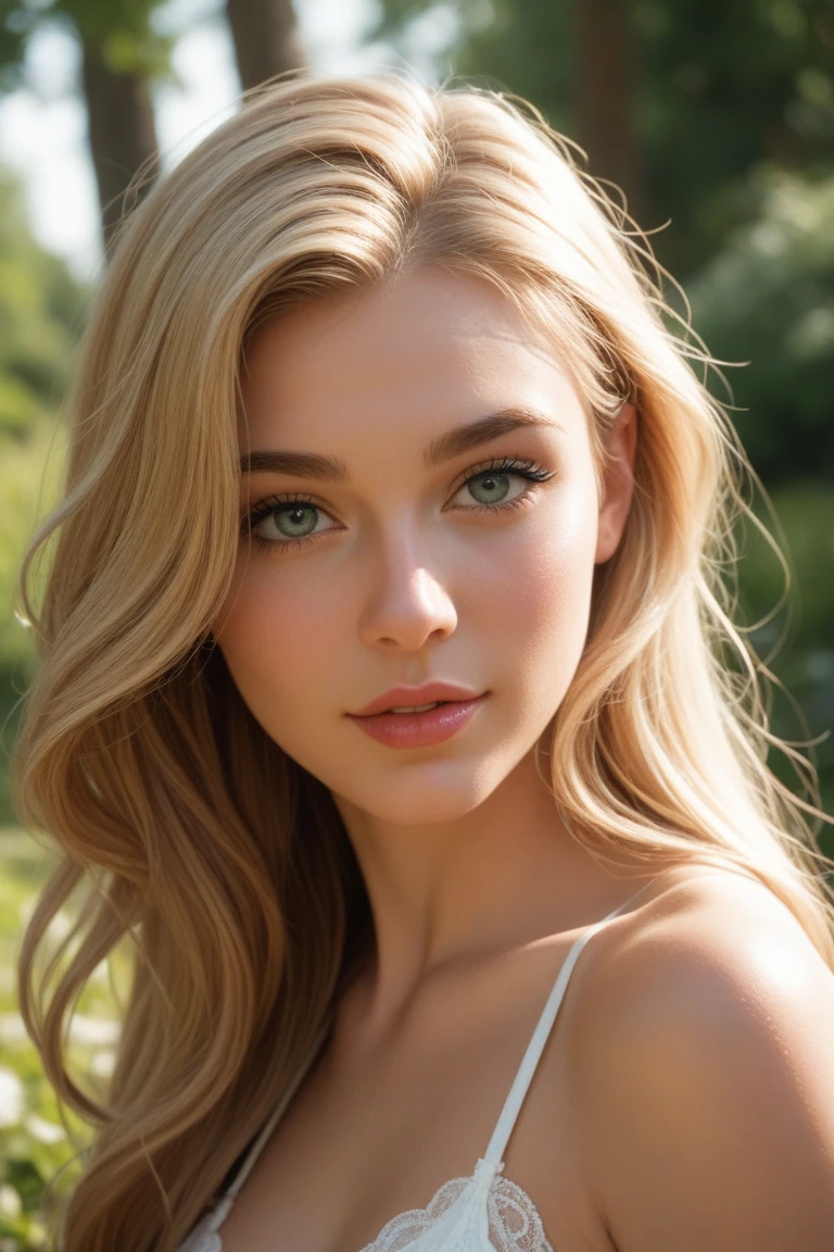 Blonde Hair, green-eyed, wheat-skinned, slim but full body, oval-faced, heart-lipped, small and flat-nosed, curved eyebrows, round and wide hips, 1 smiling girl; super delicate , ((Best Quality, 8k, Masterpiece)); ((Foto RAW)); (large and erect cheast), (realistic, detailed);
