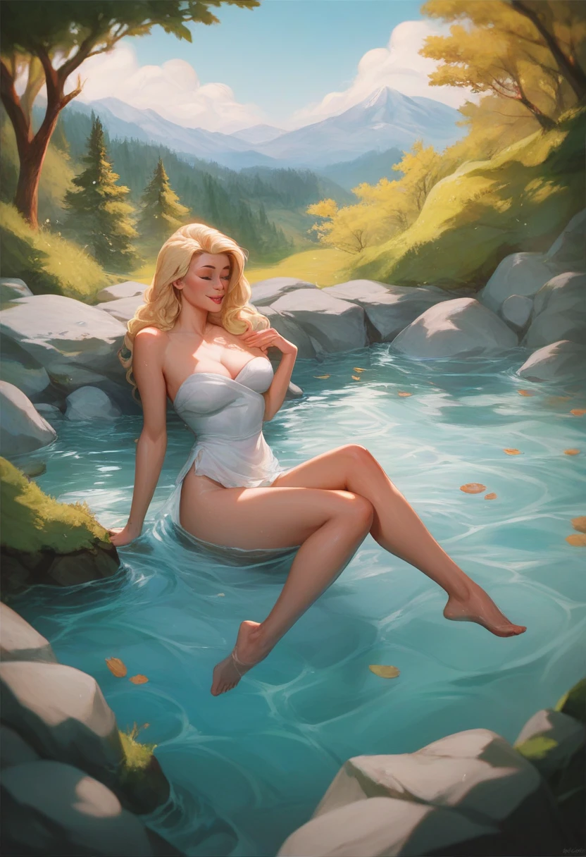 (best quality,4k,8k,highres,masterpiece:1.2),ultra-detailed,realistic, Captured from behind, bright colors, vibrant tones, blonde girl, detailed eyes,detailed lips,long eyelashes,sexy,posing confidently,back view, tropical paradise, lush garden, natural pool, blooming flowers, crystal clear water,scenic beauty,sunlight filtering through the trees, tranquil atmosphere,serene ambiance