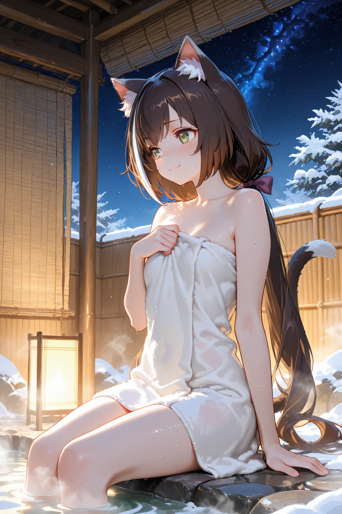 ((best quality)), in 8K, from below,wide shot,cinematic lighting, (Very unkempt hair, slightly exposed nipples, Tattered and torn camisole, Wet and see-through white camisole、 Slender small breasts、put hands on the hip)、wetted skin、red blush、Open your mouth wide, Textured skin, Cat ears, Pale brown hair, Cute Beautiful Girl、Beautiful shallow river、You can see the slums in the distance