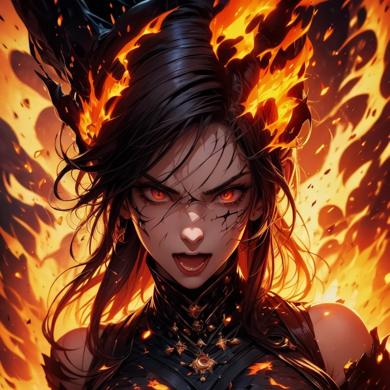 Fierce wolf enclosed in the form of a blaze, central figure, smoldering eyes, flames entwining its figure, dark night background, fire glow illumination, logo design detail, sharp contrast, intense saturation, digital render, ultra clear.