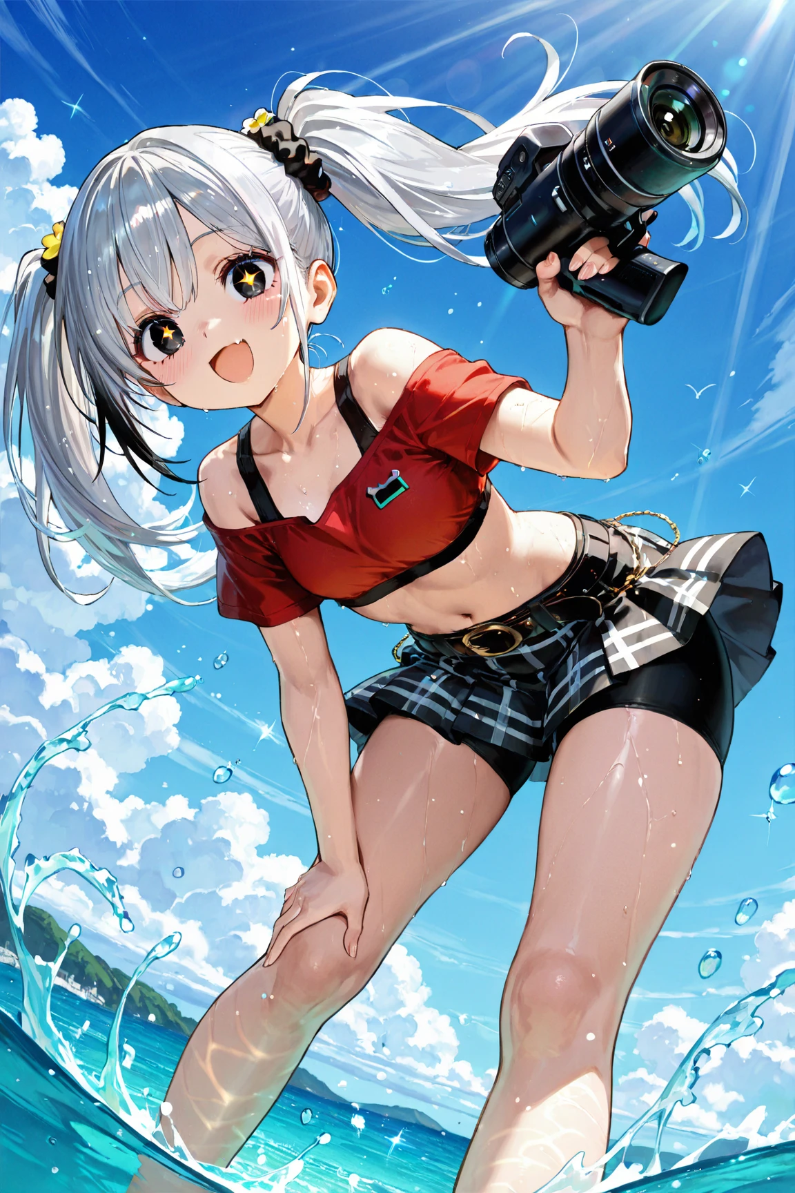 Kizi, white short sleeve, White sneakers,, white mini-skirt,Red headband, long whitr hair, black color hair、Black pupils、blue color eyes,With a smile,Ruddy cheeks,(smallunderboob:1.5)、(thick thight:1.0)、Lori huge breasts cleavage、exteriors、Skysky,Place one hand on your chest,Background sea,There is water on the body