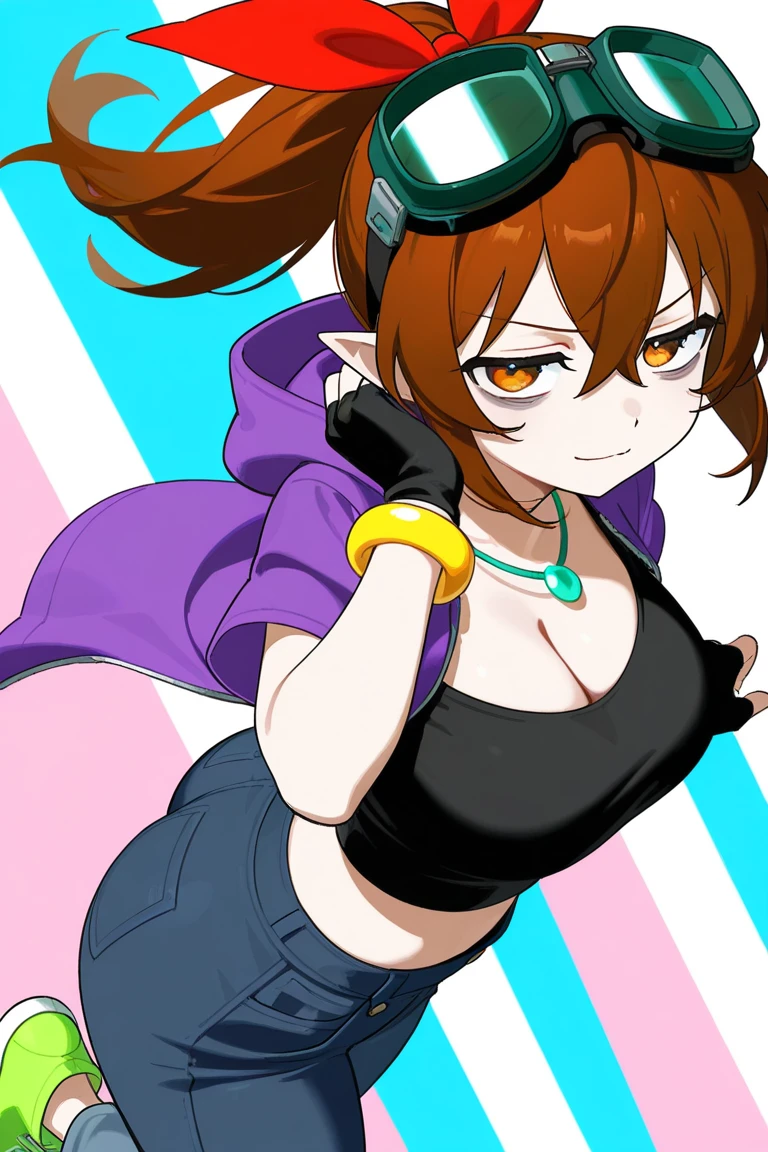 20 year old woman, entrenadora pokemon, two ponytails,long hair, hair black and orange color,tsundere expretion
