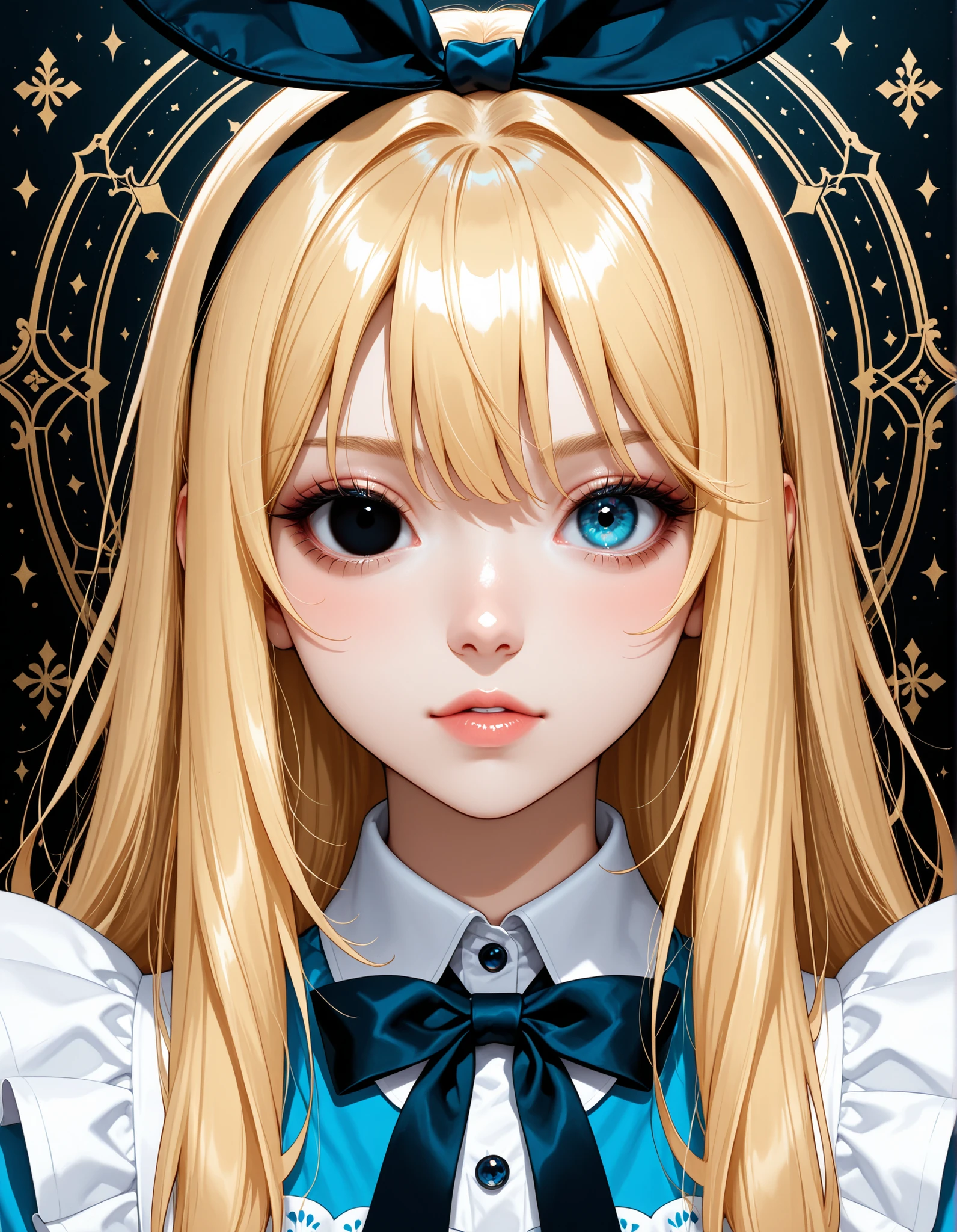 (masterpiece, Highest Quality, very aesthetic, ultra detail, 4k、anime style、vivid colors、high contrast),alice(alice in wonderland),blonde hair,blue eyes, hollow eyes