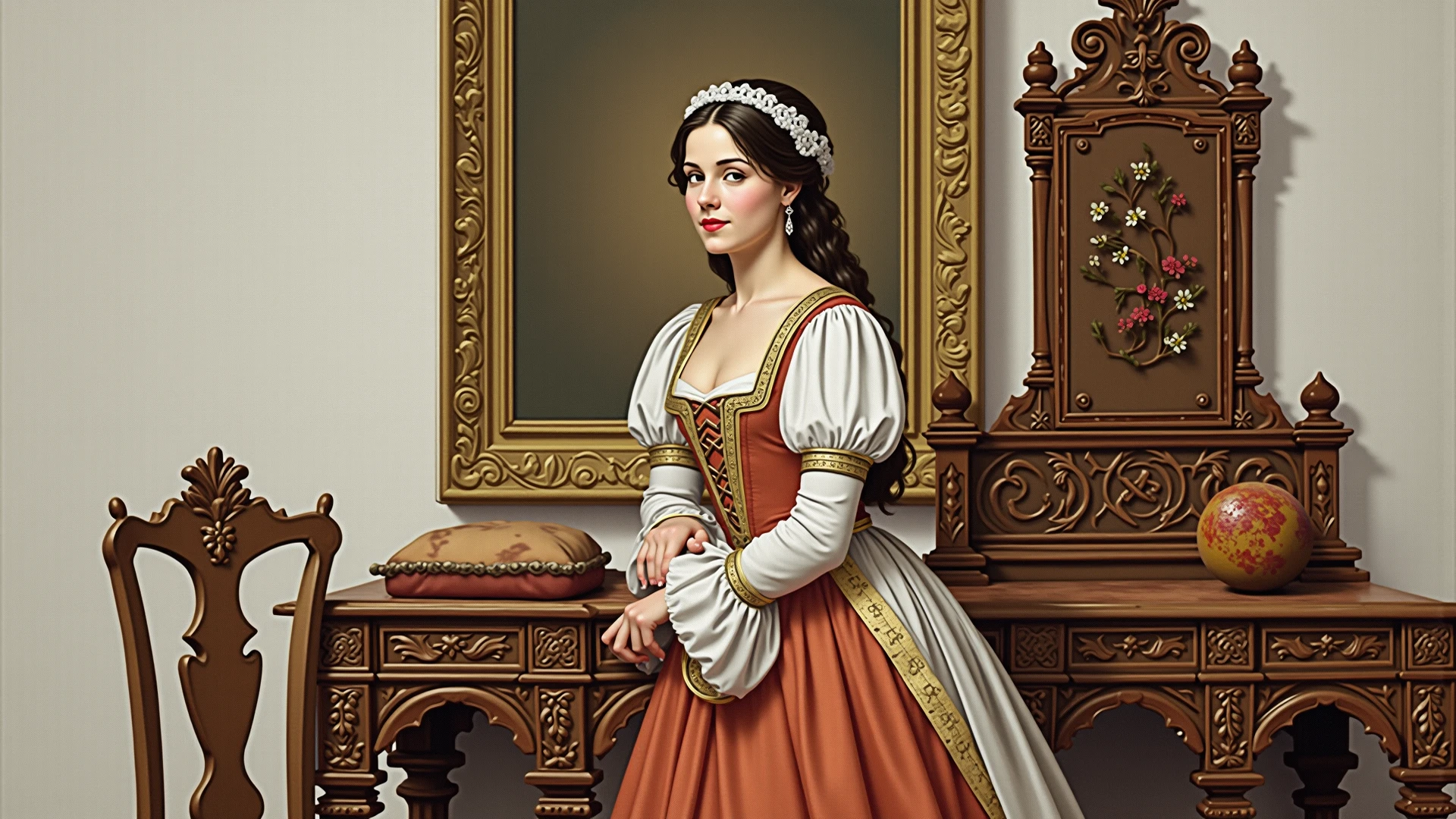 a 1girl, (художник Andrea-del-Sarto), by the window in the bedroom, renaissance, Palette knife-oil painting, ((Best Quality, tmasterpiece)), (Extreme detailing), 8K