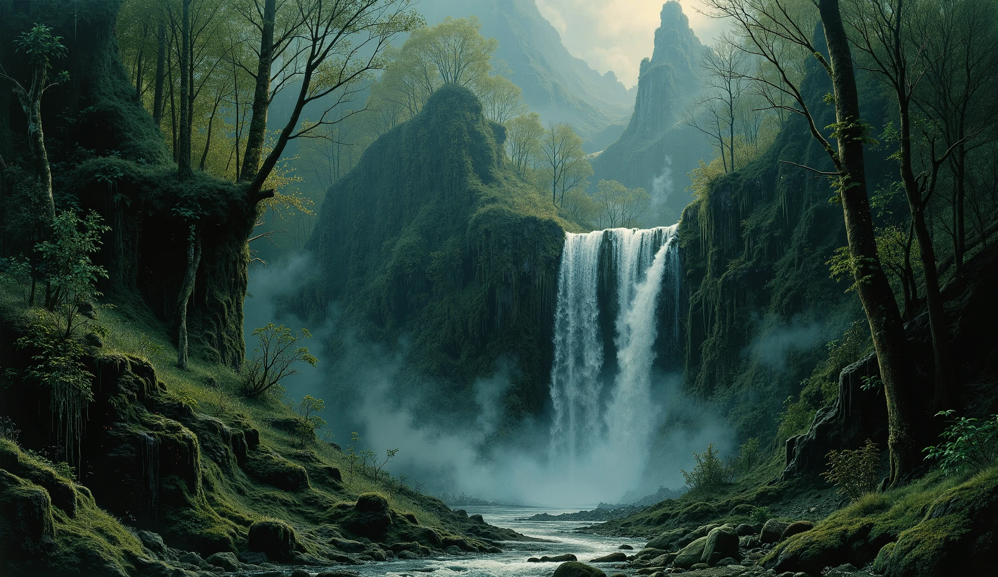 A majestic waterfall in a dense rainforest, with water cascading down moss-covered rocks