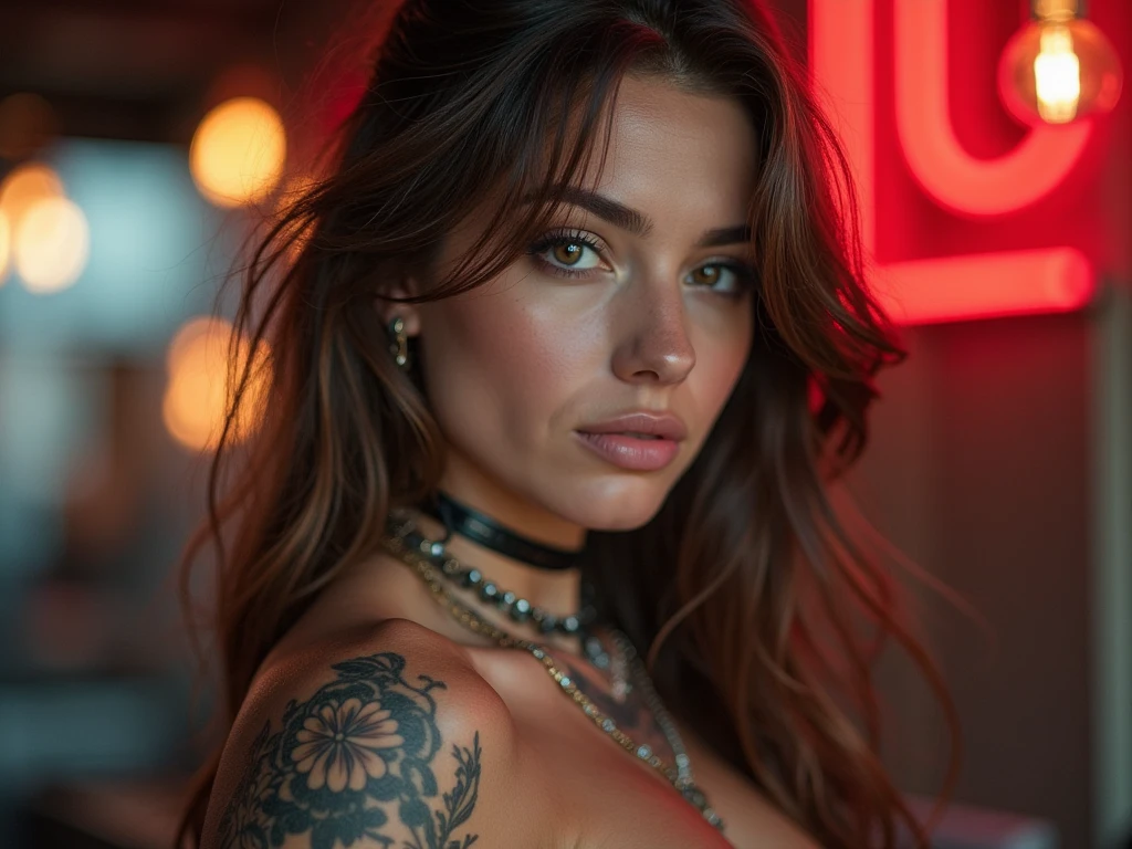 techno music, house music, dancing girls, DJ girl, realistic, high res, bondage fashion, tattoos, piercing, brads, live music, class, large bare chest, looking into camera, smile, wide shot, cinema lens, skin glow