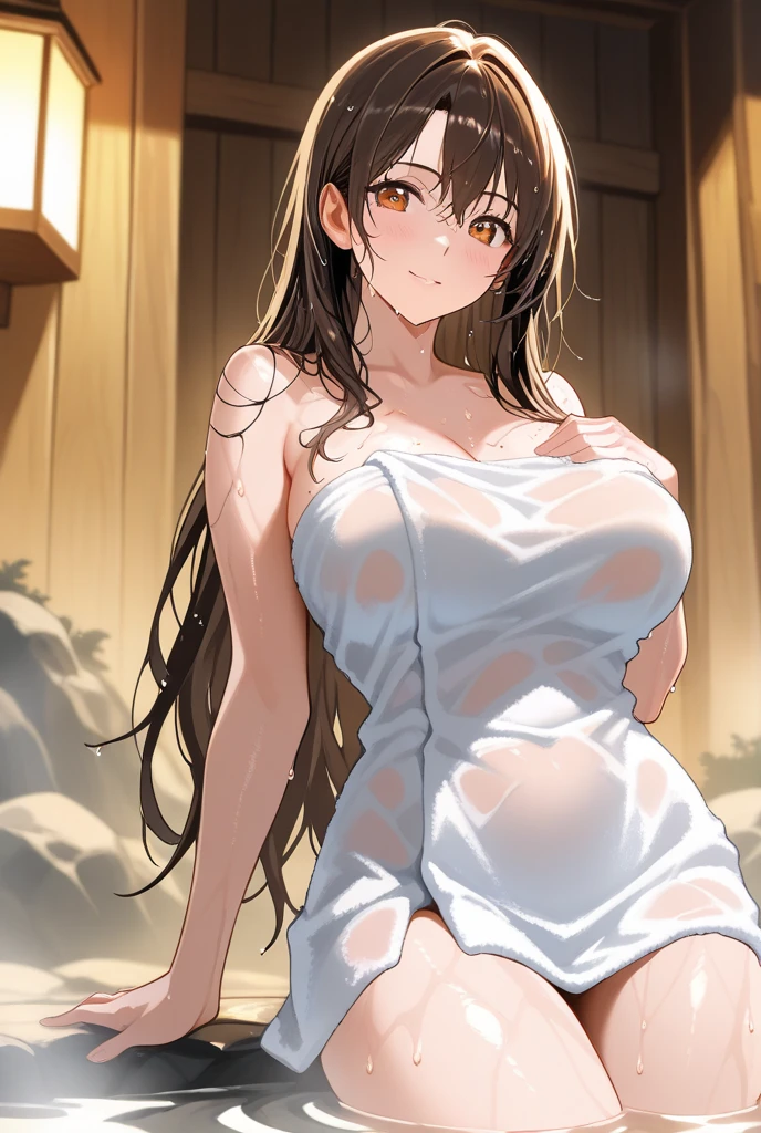 (masterpiece:1.5), (extremely detailed:1.5), (best quality:1.5), (Shiranui mai:1.5), brown hair, long hair, (brown iris), ((finely detailed eyes:1.8)), ((ultra higly defined eyes)), ((extremely detailed eyes:1.9)), (naked towel:1.5), ((white towel)), (towel on body:1.7), (cleavage), ((huge breasts:1.7)), looking at viewer, (hot springs:1.6), (bathing:1.8), full body, ((ultra higly defined face)), (extremely detailed face:1.7), curvy, large hips, beautiful body, beautiful face, beautiful eyes, glowing iris, breasts proportion, slim waist, (1girl:1.7), happy, (standing), (holding breasts), beautiful breasts, shiny skin