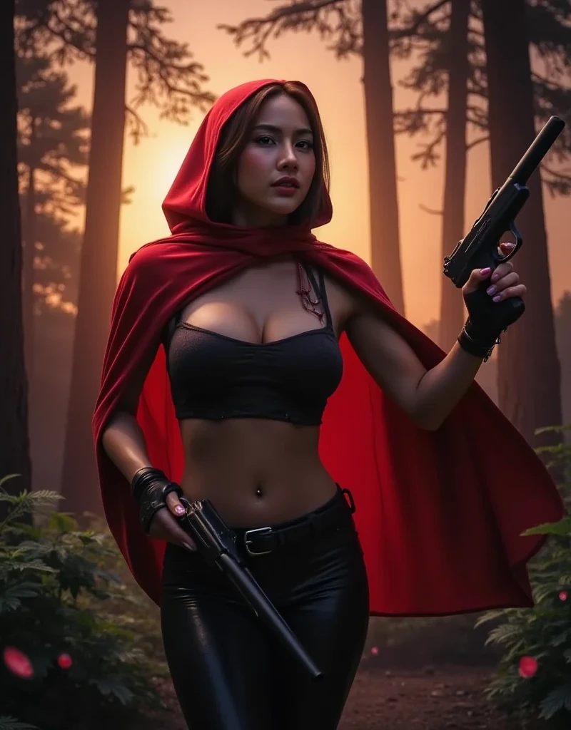 A poster for a movie. the title "Red Riding Hood " is written at the top with "not so little anymore " under this   little red riding hood in a corset, huge breasts,  carrying a pump action shotgun , eye black, wolf tooth necklace.  