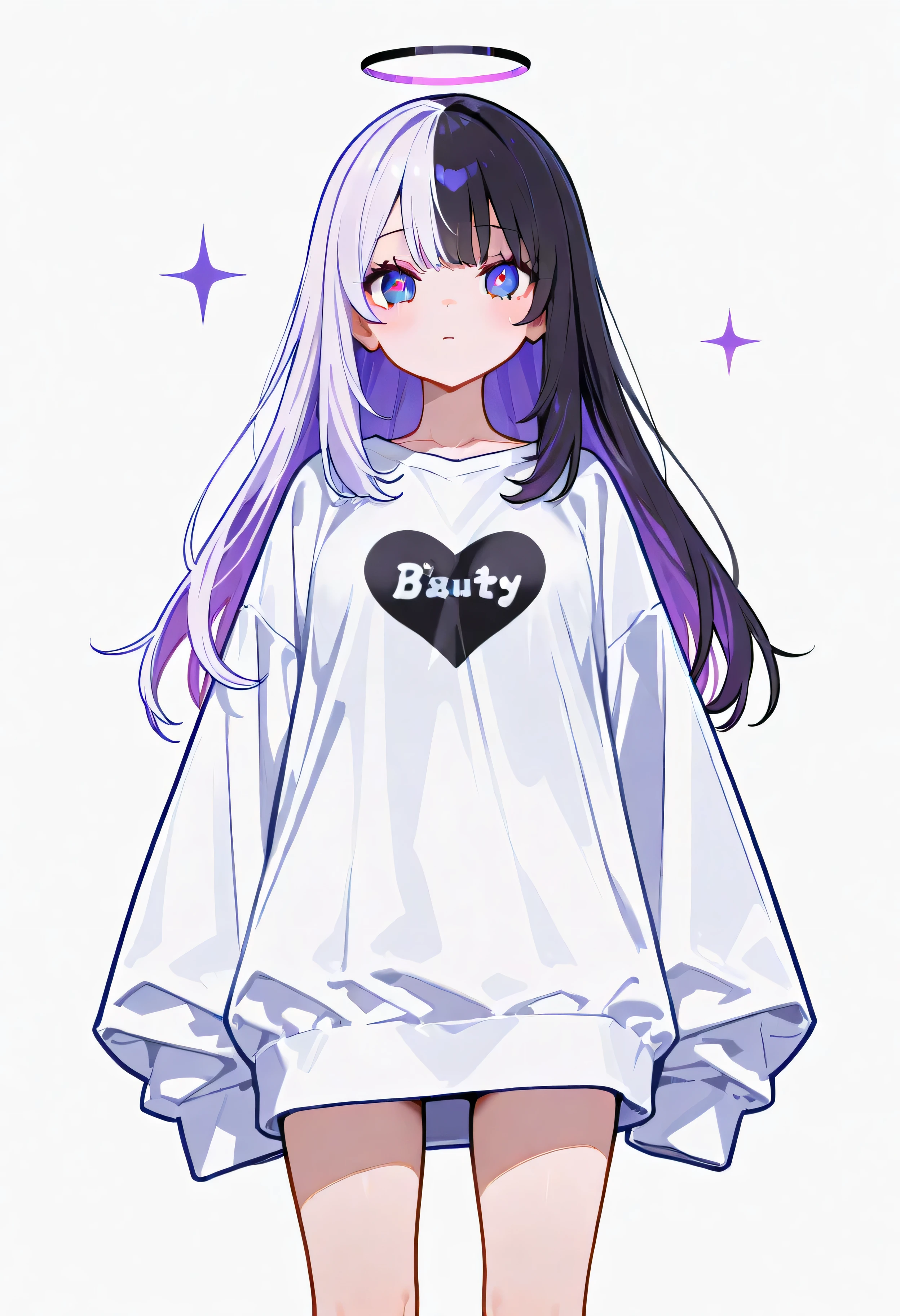 a pretty girl on big wonderland , pretty black and white mix hair, wearing oversized clothes, beautiful hair style