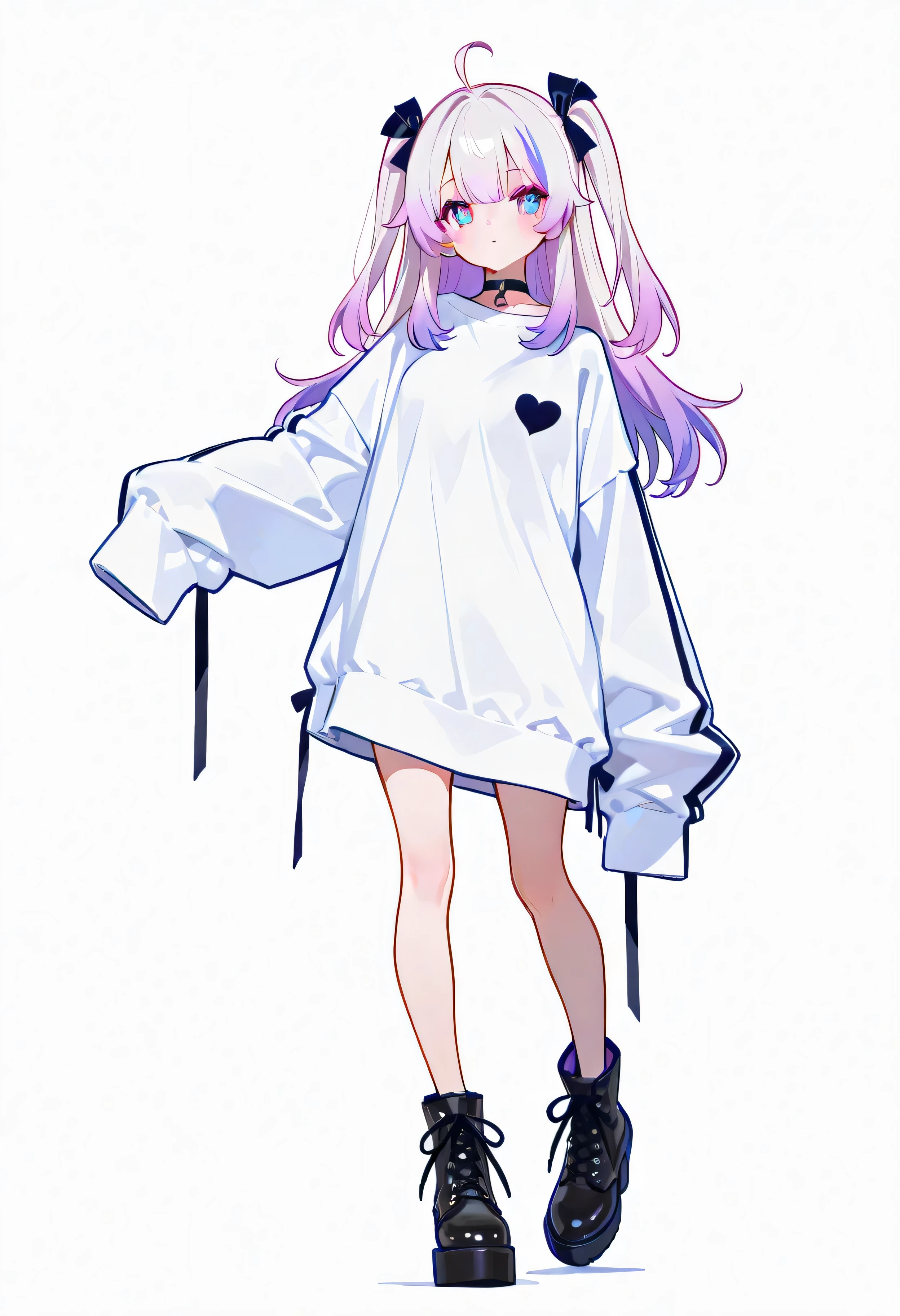 a pretty girl on big wonderland , pretty black and white mix hair, wearing oversized clothes, beautiful hair style