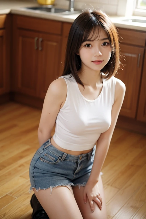 high grade quality,8K visual quality,high detail skin and eye, Small breasted wife,Oversized square neck T-shirt、Bending over to put on shoes、Nipples visible from the chest