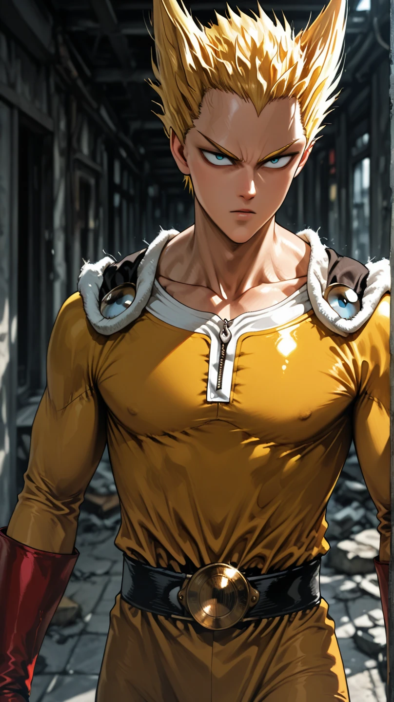 Saitama is very handsome with deep red eyes standing straight in front of a neutral black background, creating a perfect image for his handsome face. With a confident and determined attitude, he shines with a metallic sheen, making him truly amazing, in the artistic style of the anime One Punch Man.