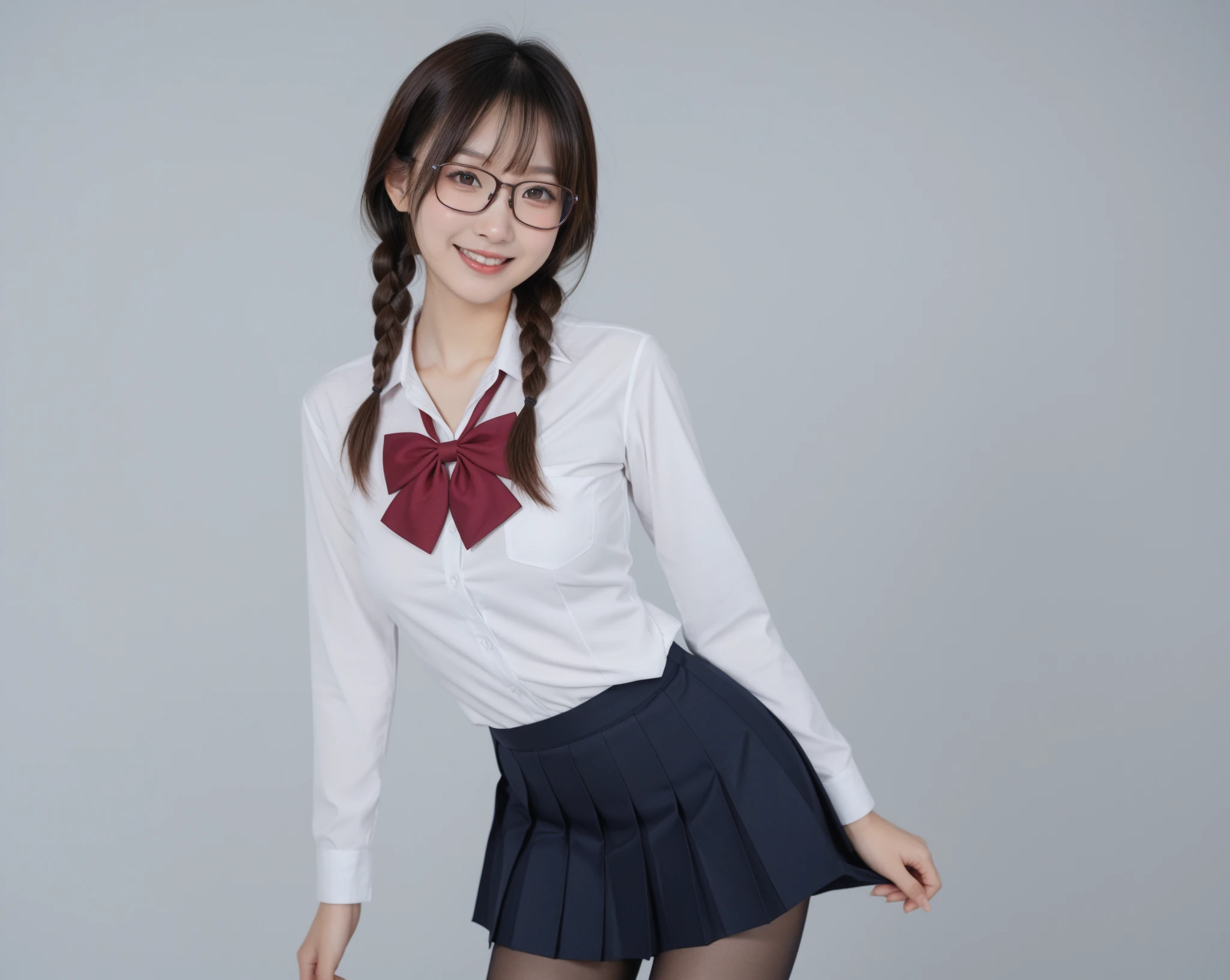 最high quality, 8K, Vibrant, Sharp focus, high quality, High resolution, (high school girl), (whole body), (Very slim and delicate body), Thin and beautiful legs, Thighs, Highly detailed eyes, Thick lips, Plump face, Collared shirt, Navy blue checkered long pleated skirt, Red bow tie, Braid, Glasses, A kind smile, Big Breasts, Erect nipples, Leaning forward,