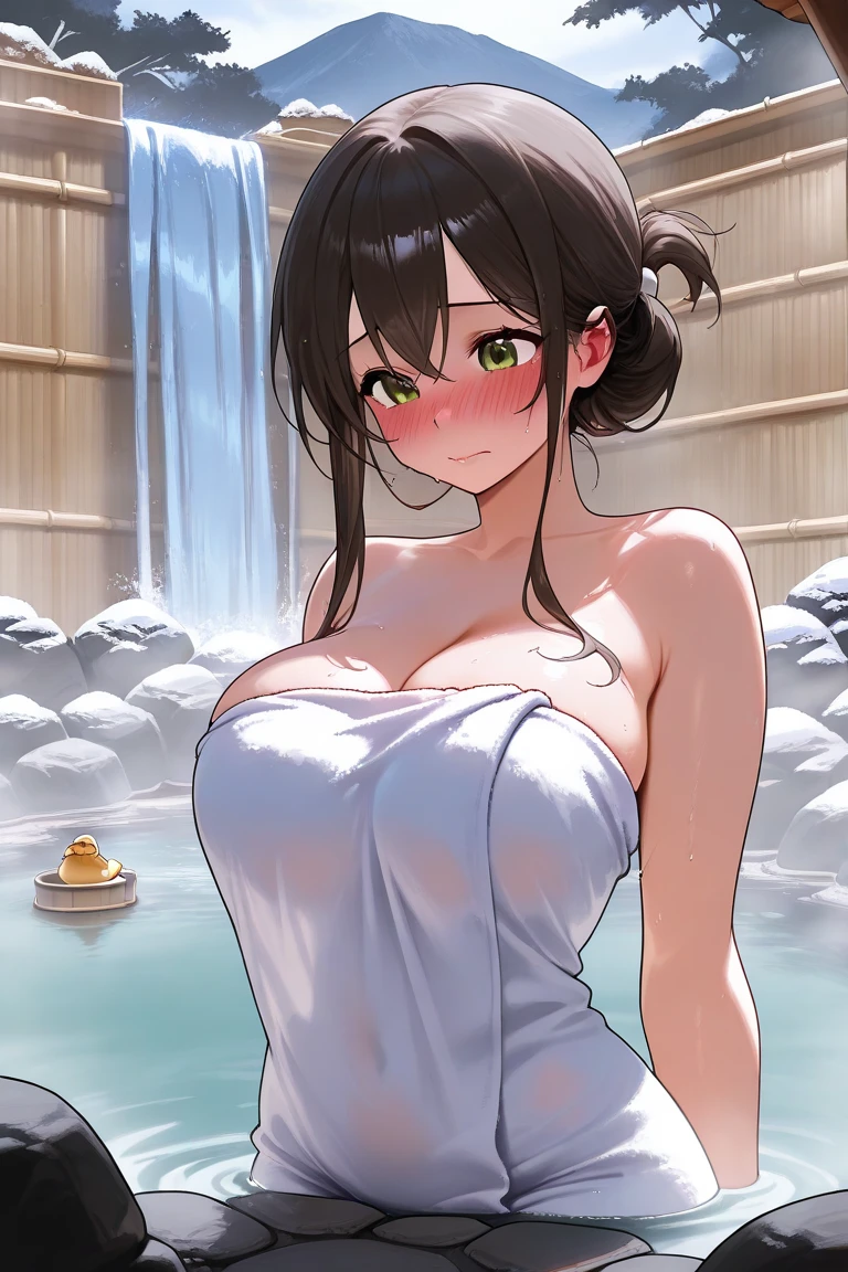 best quality, masterpiece, solo, safe for work, 1 female、25 years old、(soft bust:1.2)、(natural breasts)、(cleavage)、(Slender body shape)、(Cover your body with a bath towel)、(naked towel)、(view audience:1.2)、(Viewed diagonally from the side)、(Warm up in a hot spring)、(white highlight on pupil:1.2)、(dark red-brown eyes)、(black haired:1.2)、wet hair、(tie hair back:1.2)、(white skin)、white beautiful skin、wet skin、(blush:1.2)、shy smile、closed mouth、(big hot spring bath:1.2)、(steam:1.2)、(Blur the background a lot to make the woman stand out:1.3)、(night空)、starry sky、night、orange garden lights、Running lights