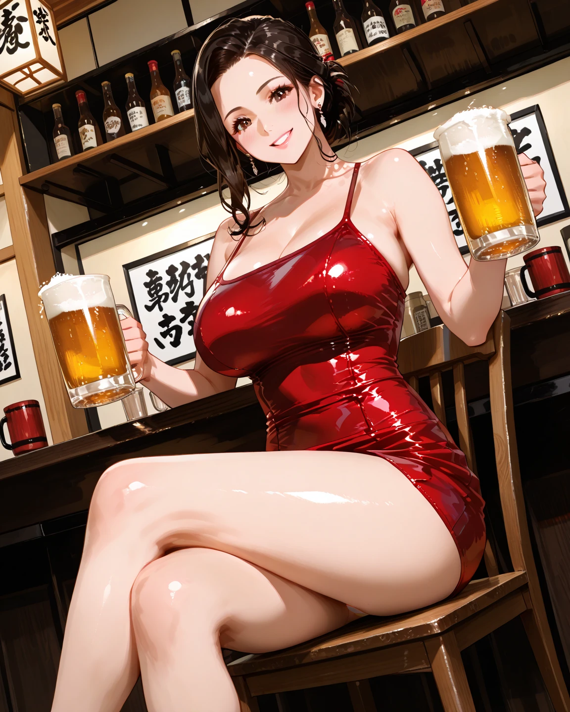 Magazine cover of a mature woman, Red short hair, big breast, sweaty cleavage, smile, Red china dress With golden dragon print glasses