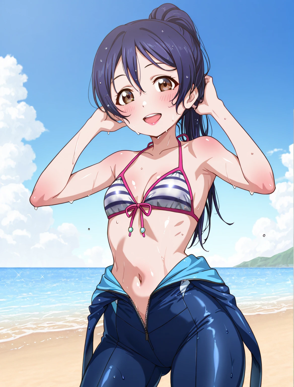 Yoshiko Tsushima love live, Checks crop top, bikini bottom,beach, standing 
