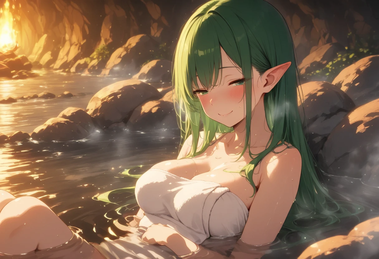 Forest, fountain, elf, smile, y, bigreasts, lightng, bathing, wet skin, sweat, abs