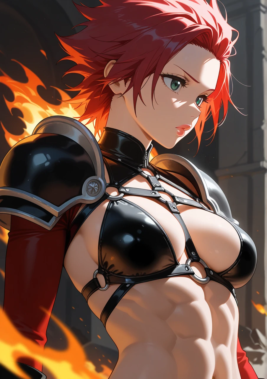 8k,A super muscular American female fire goddess, With the energy of a 20-year-old.,Super Beauty(Like the real thing),Staring angrily at the audience.,Orange Mohawk Hair,Sexy orange and black large chest armor(Fire God's Emblem),Orange Flame Gauntlets(Fire God's Emblem),Orange Flame Leg Guards(Fire God's Emblem),Orange and black shorts(Fire God's Emblem),Slender and muscular lower body,A dark and desolate land,Photorealistic RAW photos of the highest quality。Bright colors,Rich colors, Backlight, Cinema Lighting, Film Grain, 50mm lens, Nikon D850,Realistic Skin,Fantasy art,Character Art,Ultra-high resolution,Realistic Skin,Raised muscles,A 20-year-old beauty who is the goddess of fire,Black Flame God Costume(Orange flame emblem filigree),Energy Man,Showing off very intense and strong abs,Top-down view,Dynamic fighting pose,Uplifting,Bright Red Eyes,American Woman,Bodybuilding,Fighting style,Martial Arts Posture,Super muscle beauty,