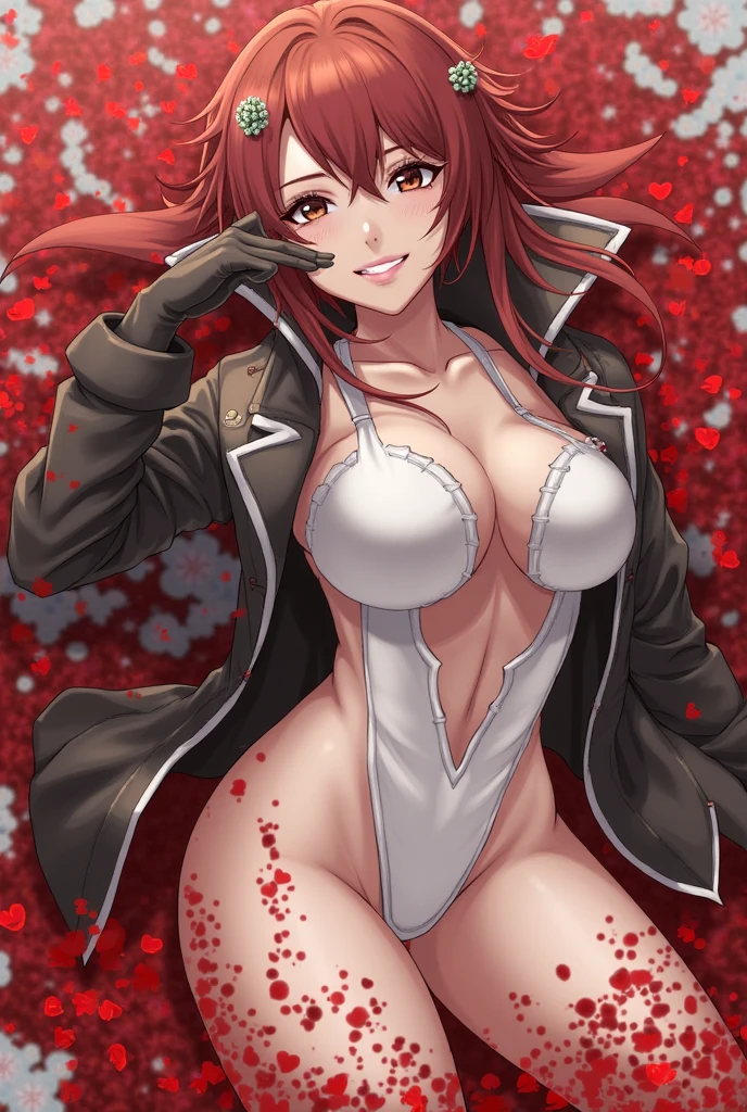 Nishikino maki, twintails,white microbikini, black leather boots, black gloves, necktie, cleavage, sweating, sweaty,soaked in sweat,solo,solo, on ground,on back,ruins