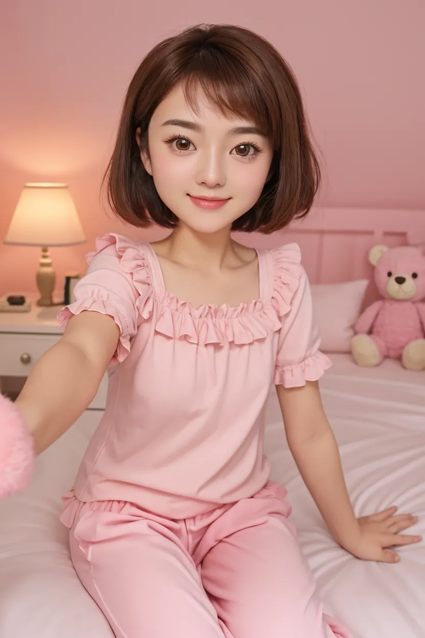 (8K, Realistic, RAW Photos, Highest quality: 1.4),Japanese idol-style beautiful girl,1 person,18-year-old,(Hairstyle(Very Short Bob,Black,Center Parting)),The forehead is visible,She has her hair tucked behind her ears,Large, clear grey eyes,Long eyelashes,(piercings(small)),(Lip gloss(Pale pink)),lips(Plump,glossy),(Tunic(Short sleeve,Patterned,collar)),Long legs,barefoot,Her Room,(On the bed(sitting cross-legged,Large stuffed animal)),Smiling at the camera,Front view,Full body portrait