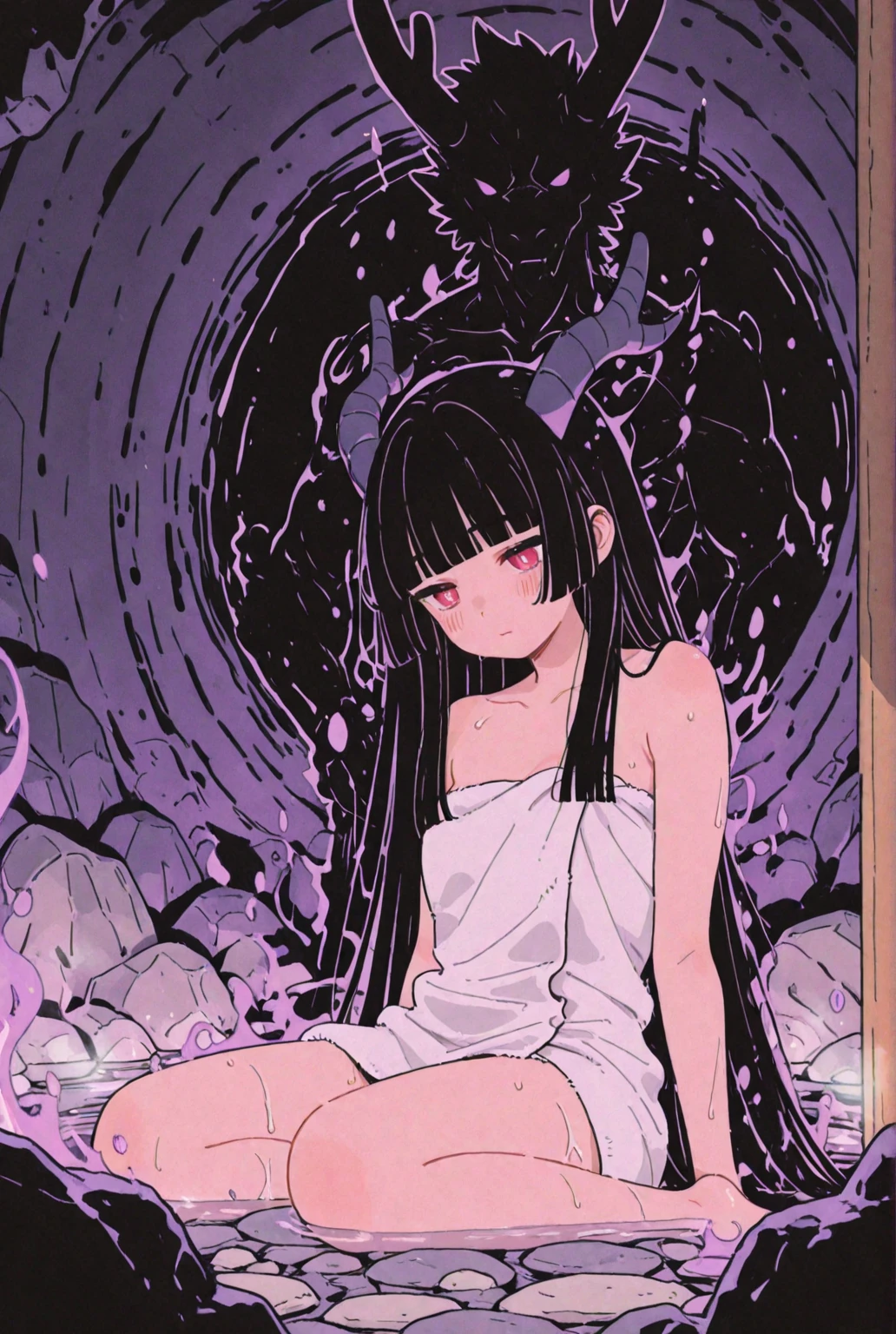 best quality、A masterpice、UltraHighResolution、(photorealestic:1.4)、Raw photo、女の子1人、Black hair、glowy skin、1 Anemone Girl、((hyper-realistic details))、portlate、Global Illumination、Shadow、Rendu octane、8K、ultrasharp、HugeBoobs、Raw skin is exposed in cleavage、mollusc、Details of complex ornaments、Sumerian details、high intricate details、Realistic light、CGSoation Trends、purple colored eyes、glowing eye、Facing the camera、neon details、Slipped limbs、Wriggling tentacles、colorfully、sitting on、Glowing tube、The background is the aquarium of the future、,nure,show tits