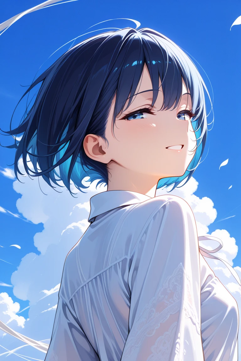 (best quality, masterpiece, highres),1girl,solo,blue hair,short hair,black pantyhose,in summer,day,sky,cirrus,depth of field,