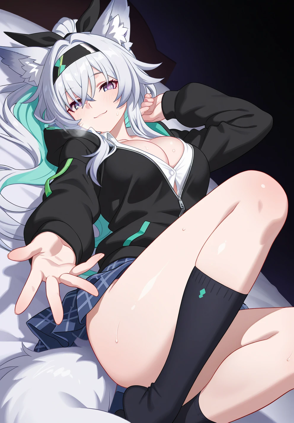 (Highest quality), (High resolution), (masterpiece), (Very detailed), Wolf Ear, Silver Hair, Long Hair, Bright Blue Eyes, One Girl, Silky skin, Shiny skin, Athletic build, blush, Heavy breathing, chest, (Swimwear), Front view, (Bright saturation), Sexual pose, Dripping love juice, Heart pupil, Trembling with sexual climax, Heavy breathing, In the classroom