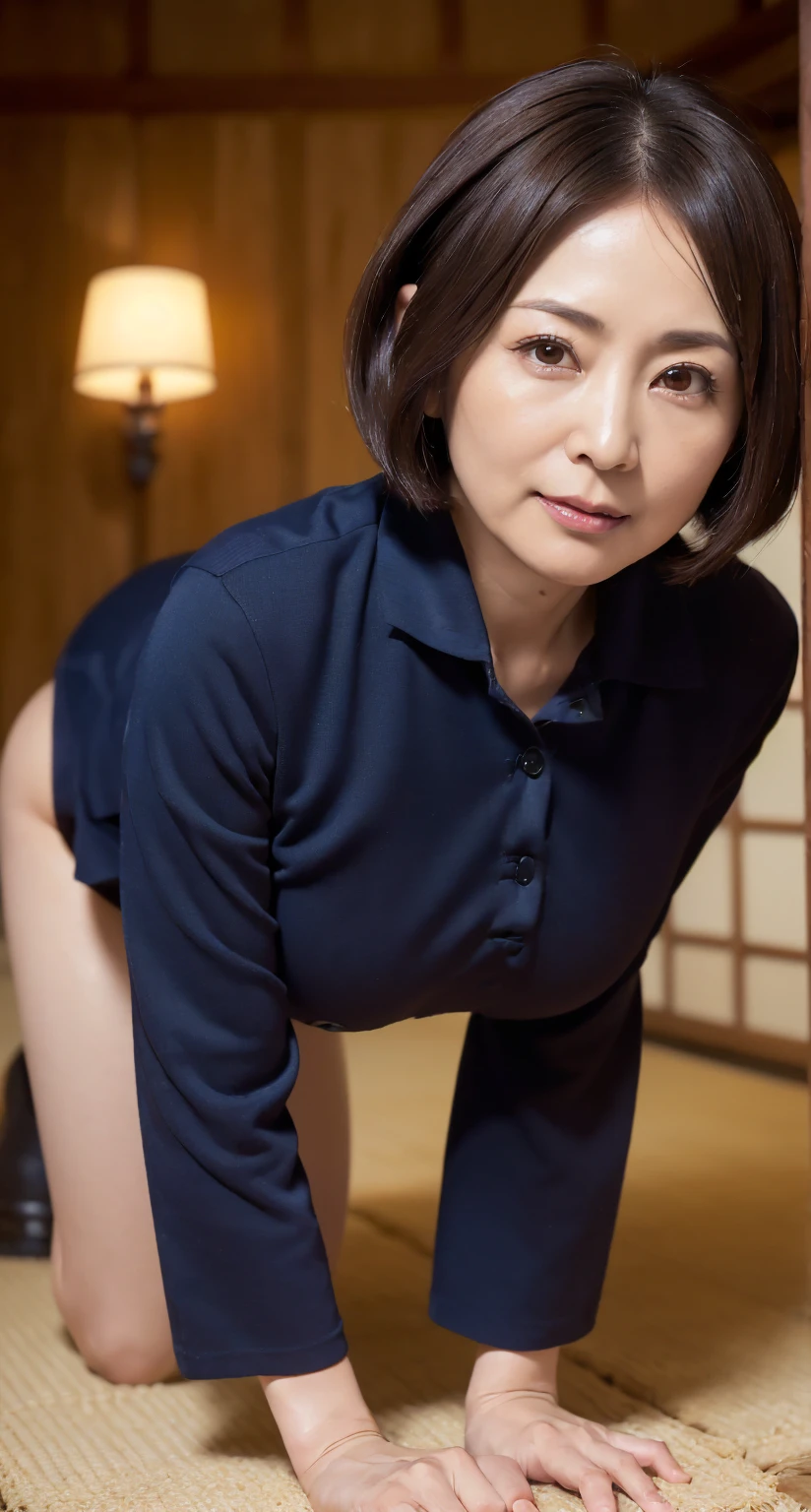 . In a love hotel room..Shoot with both hands on your lap.((最high quality:1.0)), (Realistic:1.3),(RAW Photos),(alone),Sharp focus,In detail,high quality, High resolution,Japanese, 1 middle-aged woman,Detailed face,(Muscular:1.0), (50 years oldくらい),(⁠Japanese middle aged woman in her 40s : 1.4),(Dull Skin: 1.2),Black hair..Japanese Mature, 50 years old, good shape Big Breasts,High resolution, high resolution, High detail, masterpiece, Rough skin, Anatomically correct, sharp, B, Black Pantyhose.Beige tight-fitting shallow V-neck sweater,Beige Skirt,Mid-length hair.Perfect Fingers, smile