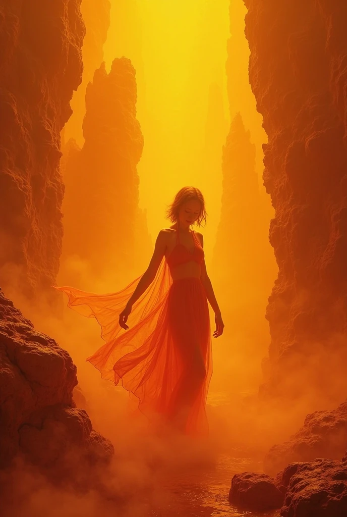 A beautiful woman, waering a short sleeveed red dress, jumping into a pit of lava, underground