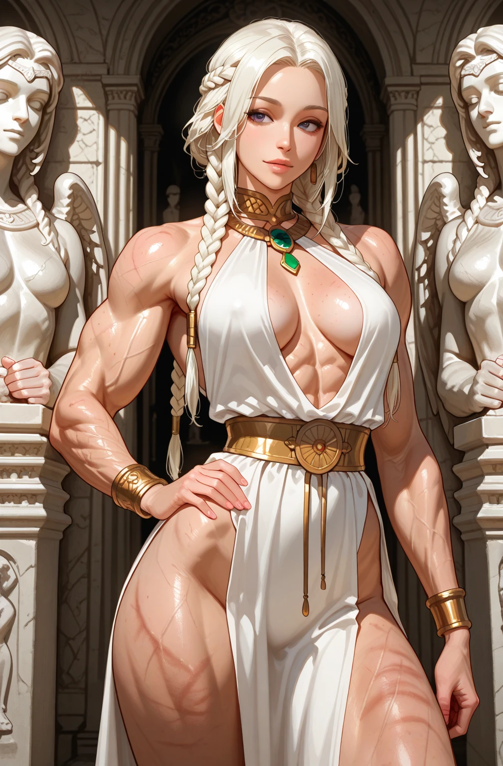 stunningly sensual elfess, large well-trained muscles, very impressive hypermuscular physique, magical and mysterious, bulging feminine proportions, perfect and flawless muscular sensual body, vascular massive biceps, deep black hair, pale chaik white skin, female elf wizard in fantasy setting