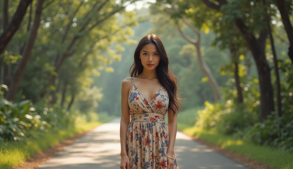 (western woman, Eyes realistic size, Droopy eyes, Round face), ((Button removed々Patterned casual dress, Old Fashion)), Thighs, Small breasts, (Focus on the nipples, pubic hair), Corner gate of the park, smile, Open your mouth, the wind is strong, Strong sunlight, move, a place where many people pass, Backlit lens flare, Leaning forward,