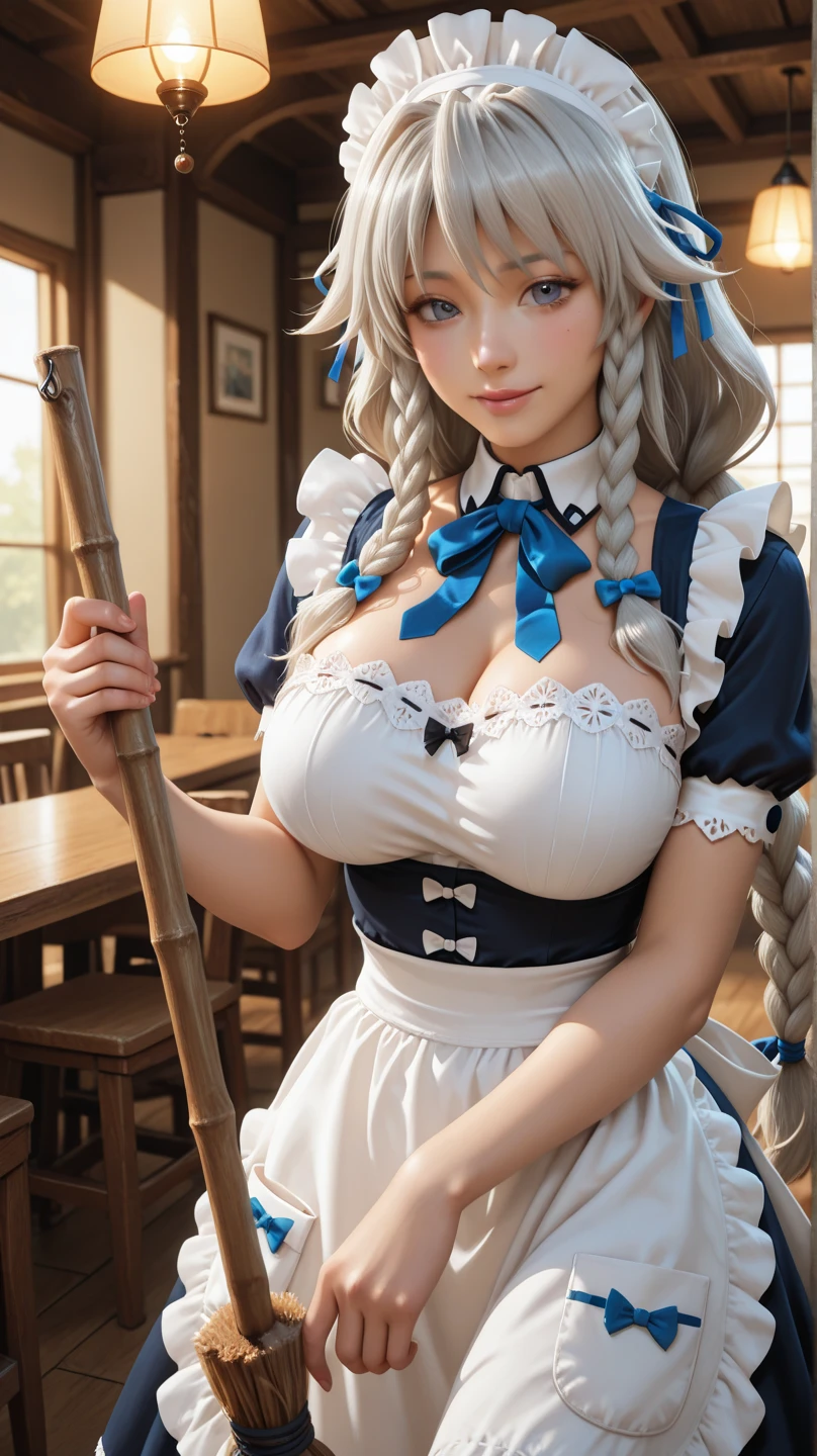 (Best quality,8K,ultra - detailed,realistically:1.2),Two cute curvy girls,Gorgeous and luxurious palace,virtual exhibition,long flowing white hair,Cute and beautiful girl,Loose corset maid outfit,loose apron,cute and sexy woman,Sexy maid,inlay,cute apron,bigger curve,floor plan about,stretch the meat,marmalade,,Red fluttering face,fully body photo