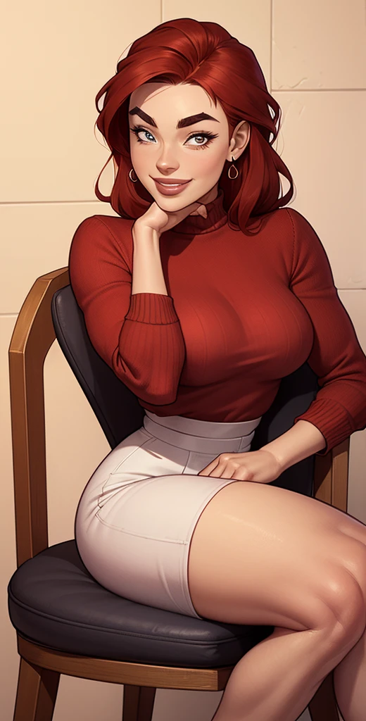 Masterpiece, High detailed, best quality, highres:1.2, 1girl, solo, mature girl, red hair, long hair, brown eyes, red dress, large breasts, nipples, covered nipples, cleavage, red high heels, red open peep platforms, makeup, red lips, looking at viewer, opened mouth, very angry, annoyed, blush, indoors, apartment, sitting on black sofa, crossed legs