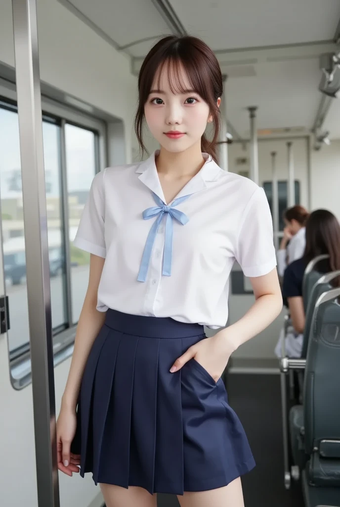 Japanese Girls、18歳の女の子、ple short hair、Blond Hair、bangs、BROWN EYES、Perfect figure、Sense of transparency、luster、gloss、modest chest、School Uniforms、Navy blue ribbon、Light blue shirt、Navy blue skirt、Guangyue、Burning body、hposing Gravure Idol、On the train、Beautiful feet、Strong sunlight、Nasty、Rain-drenched body、wet