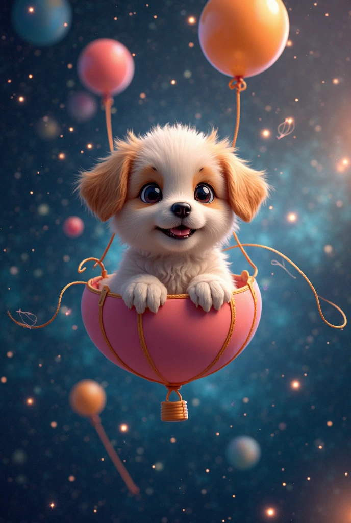 The basket says Happy 19th birthday,There was a small dog sitting in the basket,The background is a balloon, lovely digital painting, dog in a space suite, adorable digital art, as an air balloon, floats in space, Floating in outer space, Cute detailed digital art, cute colorful adorable, Beeple and Jeremiah Ketner, In outer space, Floating in space, a still of a happy,
