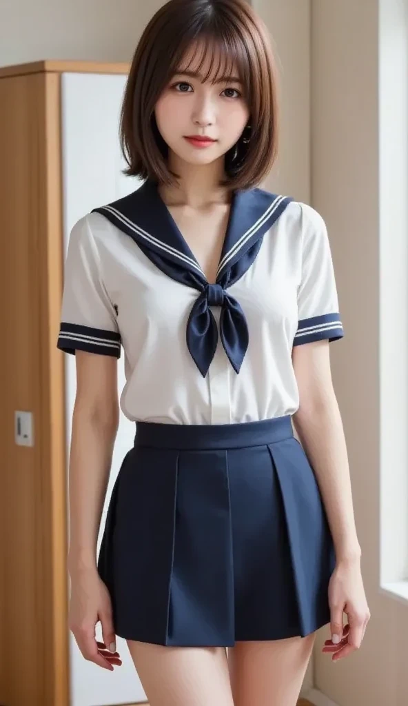  Take realistic photos in uniform, serafuku、seifuku, Sailor suit with loose coat collar, Japan , Cute droopy eyes Beautiful big eyes、Laughter、RAW Photos, (In 8K、highest quality、masterpiece:1.2)、(Intricate details:1.4)、(Photorealistic:1.4)、Octane Rendering、Complex 3D rendering with ultra-detail, Studio Soft Light, Rim Light, Vivid details, Super Detail, Realistic skin texture, Detailed aspect, Beautiful details in the eyes, Highly detailed CG Unity 16k wallpaper, compensate, (Detailed Background:1.2),　Glowing Skin、looked back、Exposed thighs!!!、