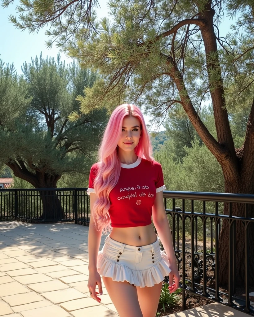 A high-resolution photograph of a young woman posing for the camera like a model in a plain neighbourhood in the suburbs during sundown. Pink skyu. STRIKING DETAILS. Editorial fashion shoot, model, blurred motion, motion blur, chromatic aberration, by Steven Klein, clean aesthetics, minimalist landscape, shot with hasselblad 30mm, Kodak Ektar 100, beautiful seductive face of a 13 years old beautiful slav Girl, solo, beautiful seductive eyes, she is 177cm tall, 
score_9, score_8_up, score_7_up, realistic lighting, photorealistic , masterpiece, high quality, highly detailed, 1girl, solo focus, full body shot, wide angle shot of her, very long very straight hair, pink hair, thin skinny face, she has white skin,, she wears a ultra tight farmer, her top is extremely tight, she has very long skinny perfect legs, ultra realistic face, ultra realistic legs, clear and cute eyes, realistic eyes, detailed face, detailed eyes,