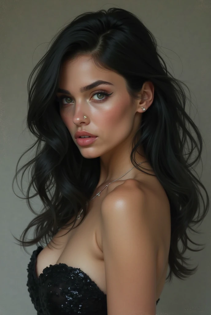 cute beautiful black hair, hispanic, fukk body, large breasts big ass perfect angle, very detailed, 2, flirty face, messy long hair, green eyes, high-res, masterpiece, best quality, intricate details, highly detailed, sharp focus, detailed skin, realistic skin texture, detailed eyes, professional, 4K, smile, shot on Canon, tatoo