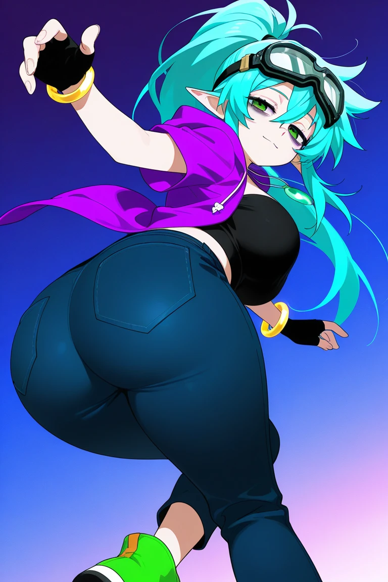 1mujer,3 metros de altura, piel clara, pantalones leggins ajustados, top, pelo color azul, grandes muslos, gran trasero, buena figura, mirando al espectador, abriendo sus piernas al espectador, orejas de gato, cola de gato, mirada traviesa, grandes pechos