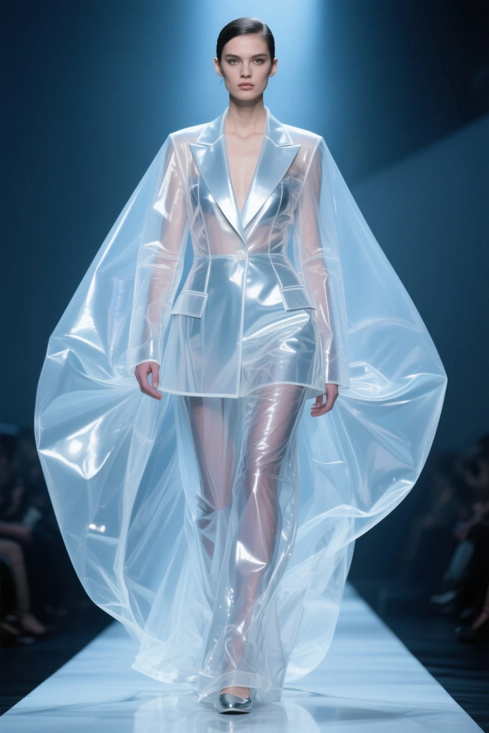 Generate a collection of translucent and transparent, liquid fire, dresses on models to promote mental health awareness on fashion show runway. The collection should be both visually striking and meaningful, and it should convey a message of hope and resilience. The collection should be sustainable and ethical, made from recycled materials or produced in a fair labor environment. With light inside.