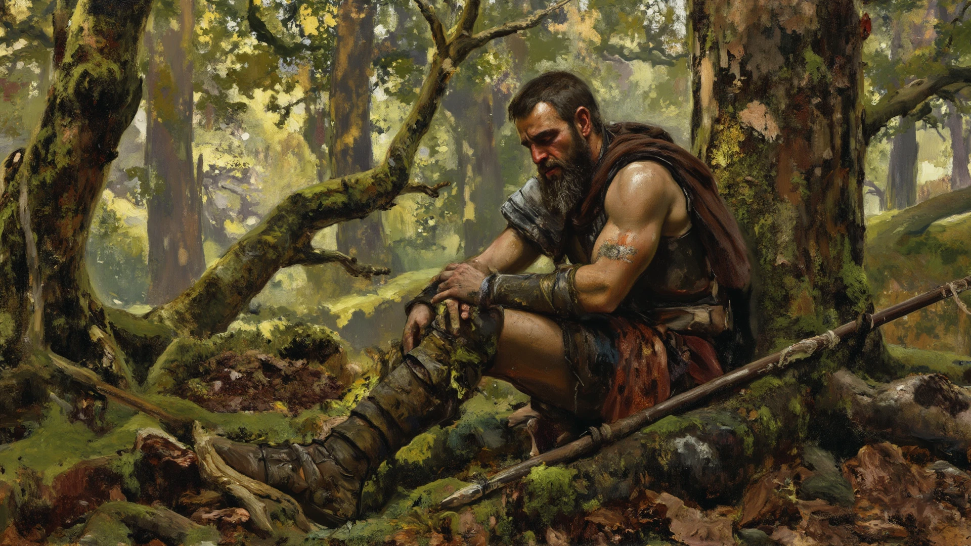 (((Pre-Raphaelite painting of wounded Celtic warrior groans in pain under a wild pine tree))) paisagem celta, pinheiro, abeto