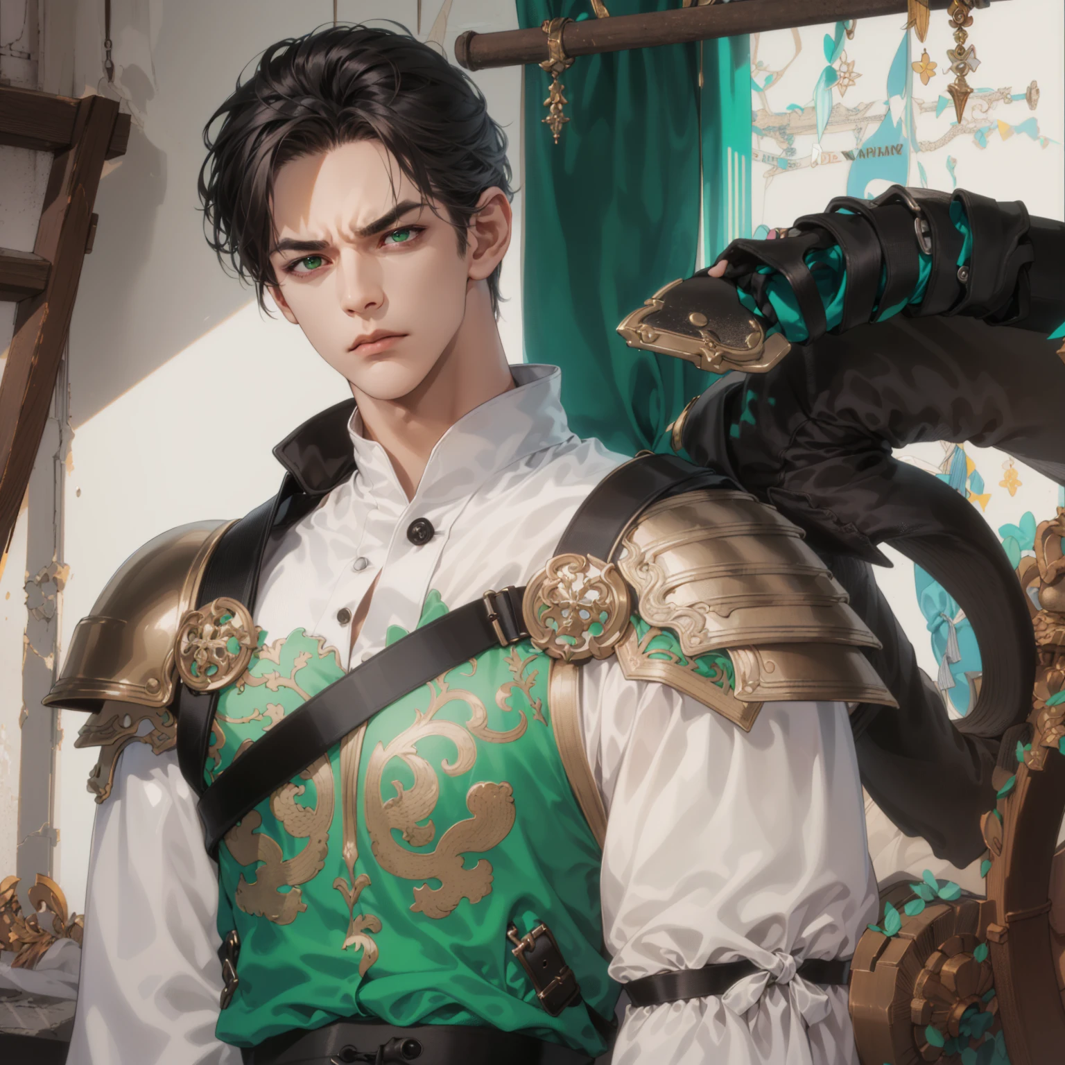 masterpiece, best quality, 1man, teen, male focus, solo, medium green hair, vibrant red eyes, looking at viewer, closed mouth, emo, Fantasy aesthetics, Highly detailed, Ragnarok online game style, hero clothes