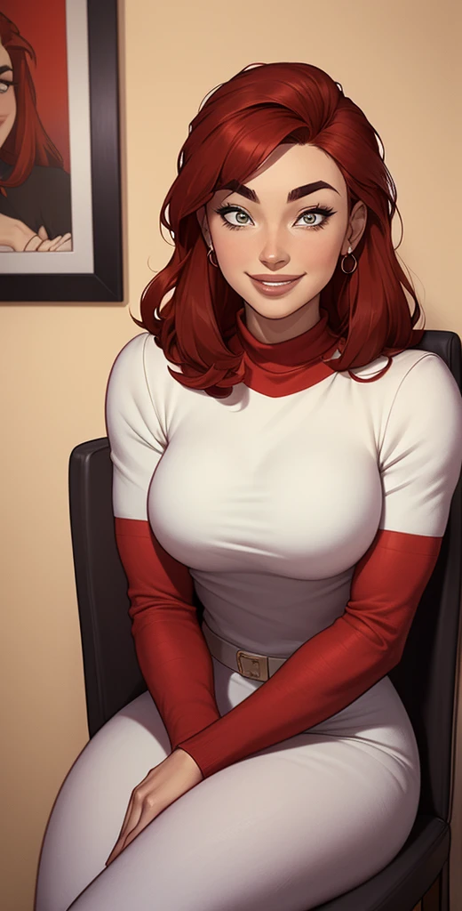 Thin woman, age 25, 4K (High definition), mysterious smile, seducing gaze, eyes browns, wearing red dress (with side zipper) with princess neckline and short sleeves, arms positioned at the side of the body, Caucasian skin, straight red hair to shoulder length, bare-kneeled, full of curves with freckles across her chest and neck, round breasts. Marvel style high quality, white background.