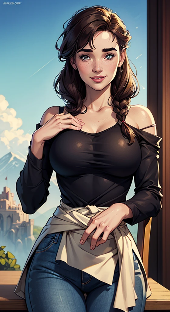 Woman style character beautiful breasts symmetrical medium breasts Fiona queen Anna of Arendelle with war marks Cartoon image of a woman .Ilustra??o estilo desenho animado, estilo de arte dos desenhos animados, estilo de arte dos desenhos animados, digital illustration style, estilo atompunk design de personagens altamente detalhado, arte digital detalhada coragem, Forest fan art, Design de personagens de retrato, beautiful digital illustration, retrato de alta qualidade, Arte em quadrinhos, mulher jovem cabelo com transas lindas . Queen Anna of ArendelleBeautiful lined eyes Medium large bust and wonderful sexy clothes. image expression of sexual desire from waist to head illustration Queen Anne of Arendelle atompunk style Fallout 4 style pose playboy magazine