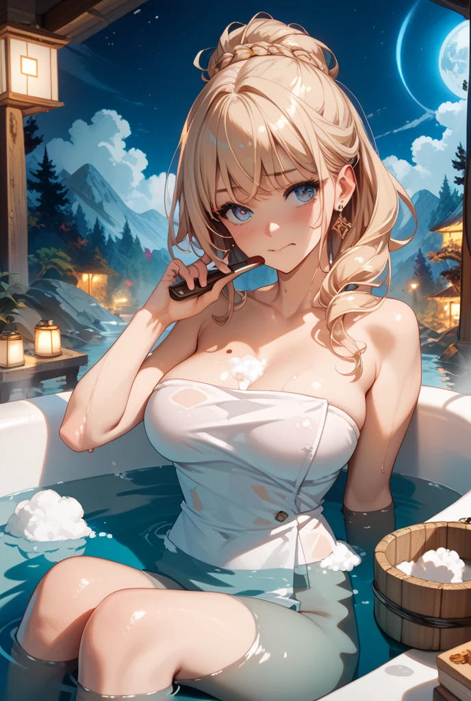 ((8k, best quality, master piece: 1.3)),super high resolution,(1 girl, solo), (colorshift eyes, hyperdetailed, expressive sparkling, glitter, glowing eyes), ultra detailed eyes, ultra-detailed face, random hair, ((pastel color)),A woman in a bathrobe. The background is a luxurious, relaxing bathroom, with a spacious space that creates a comfortable atmosphere. A large white bathtub is placed in the center of the bathroom, with bubbly hot water inside. Aromatherapy candles and soft towels are neatly arranged around the bathtub. The walls are a pale cream color, and the bathtub is softly lit by indirect lighting, creating an overall calm and relaxing atmosphere. The woman is wearing a high-quality bathrobe, made of fluffy white terry cloth and fastened with a belt. The bathrobe's collar and cuffs are also decorated with white fringe, giving the overall impression of luxury and elegance. The bathrobe hangs lightly from her shoulders, and is slightly open in the front, allowing a slight glimpse of her chest. A belt is tied around the waist of the bathrobe, giving the overall silhouette a neat look. Her hair is long and wavy, with a moist texture that gives it a damp feel. Her hair is a natural pastel color, and is lightly dried and hanging over her shoulders. Her face has a relaxed expression, a gentle smile in her eyes, and a slight amount of make-up around her eyes. Her cheeks are slightly flushed, a natural flush after a warm bath. She is standing in front of a bathroom counter lined with fashionable skincare products and perfumes. In one hand she holds a small bottle of lotion, and with the other she is lightly holding the front of her bathrobe. Her posture is relaxed, and her overall appearance is elegant and poised. The angle of the shot is set to show her entire body from the waist up.